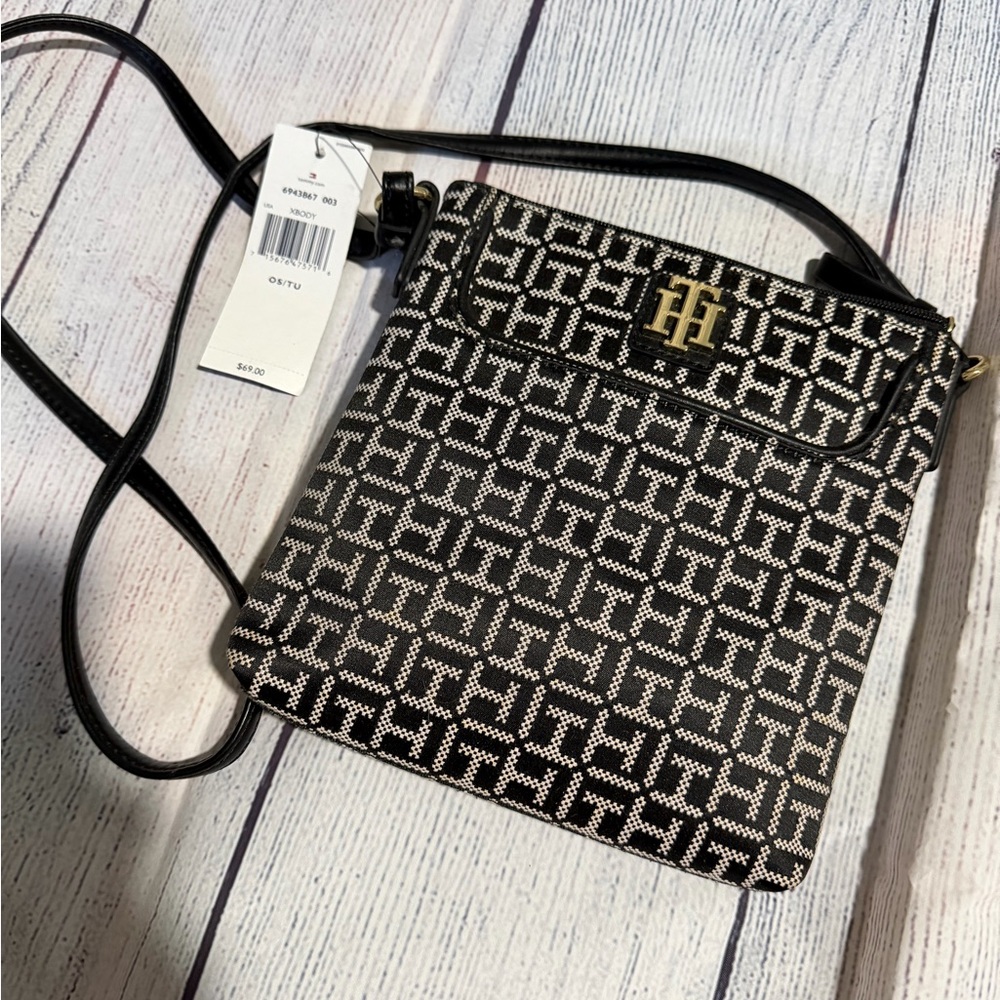 Tommy Hilfiger Black and White Monogram Crossbody with Gold Hardware